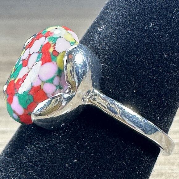 925 Sterling Silver Green Pink Red Mixed Stone Ring Smooth Oval Artistic Sz 8 - Picture 4 of 9